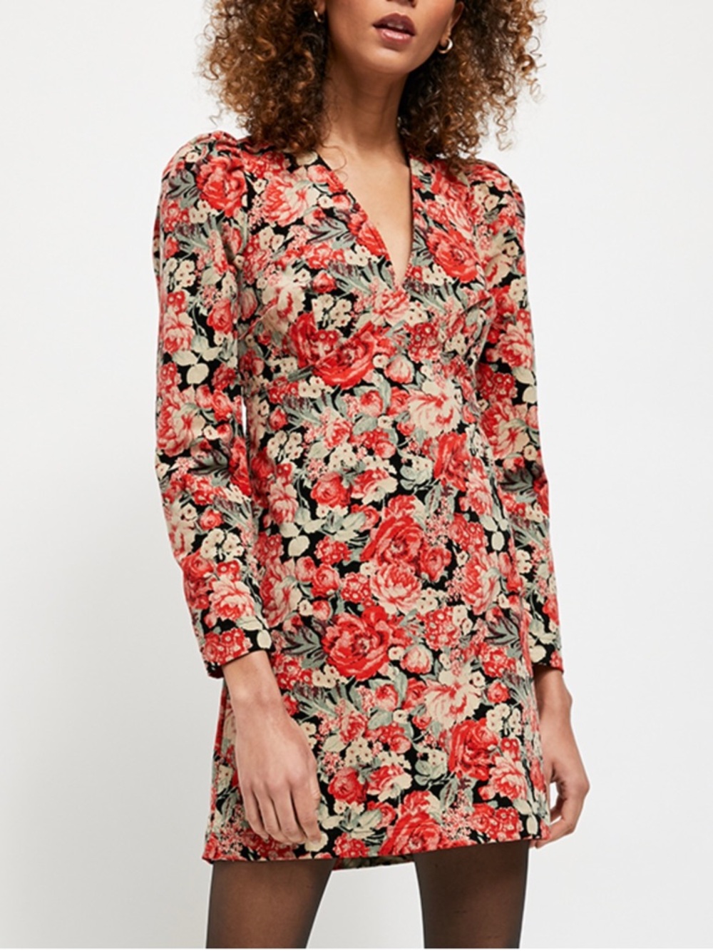 Free People | Floral V-Neck Long Sleeve Mini Dress - Coral Floral size 2